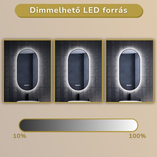 HD Light 50 cm széles fali ovális LED okostükör fekete slim kerettel, ambient világítással, érintőkapcsolóval, digitális órával és páramentesítő funkcióval
