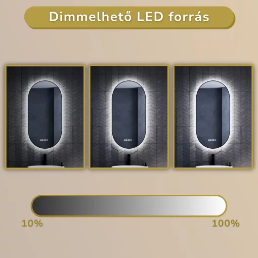 HD Light Black 50 cm széles fali ovális LED okostükör fekete slim kerettel, ambient világítással, érintőkapcsolóval, digitális órával és páramentesítő funkcióval