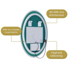 HD Light 50 cm széles fali ovális LED okostükör fekete slim kerettel, ambient világítással, érintőkapcsolóval, digitális órával és páramentesítő funkcióval