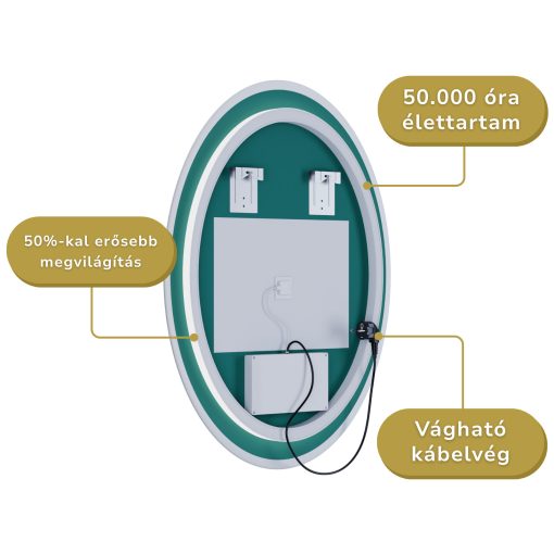 HD Light 50 cm széles fali ovális LED okostükör fekete slim kerettel, ambient világítással, érintőkapcsolóval, digitális órával és páramentesítő funkcióval