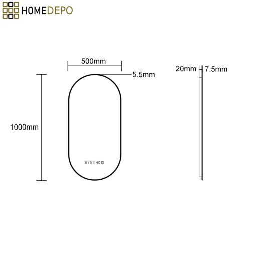 HD Light 50 cm széles fali ovális LED okostükör fekete slim kerettel, ambient világítással, érintőkapcsolóval, digitális órával és páramentesítő funkcióval