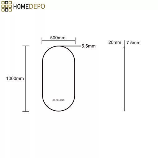HD Light Black 50 cm széles fali ovális LED okostükör fekete slim kerettel, ambient világítással, érintőkapcsolóval, digitális órával és páramentesítő funkcióval