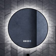 HD Lumen 60 cm széles fali kerek LED okostükör fekete slim kerettel, ambient világítással, érintőkapcsolóval, digitális órával és páramentesítő funkcióval