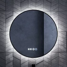 HD Lumen Black 60 cm széles fali kerek LED okostükör fekete slim kerettel, ambient világítással, érintőkapcsolóval, digitális órával és páramentesítő funkcióval