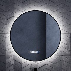   HD Lumen 60 cm széles fali kerek LED okostükör fekete slim kerettel, ambient világítással, érintőkapcsolóval, digitális órával és páramentesítő funkcióval