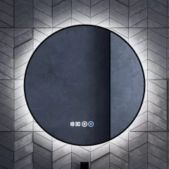   HD Lumen Black 60 cm széles fali kerek LED okostükör fekete slim kerettel, ambient világítással, érintőkapcsolóval, digitális órával és páramentesítő funkcióval