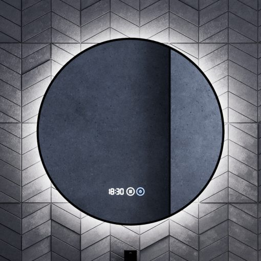 HD Lumen 60 cm széles fali kerek LED okostükör fekete slim kerettel, ambient világítással, érintőkapcsolóval, digitális órával és páramentesítő funkcióval