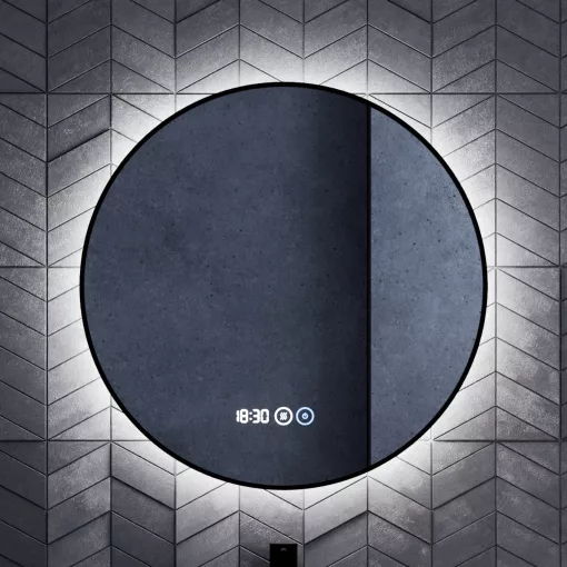 HD Lumen Black 60 cm széles fali kerek LED okostükör fekete slim kerettel, ambient világítással, érintőkapcsolóval, digitális órával és páramentesítő funkcióval