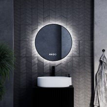 HD Lumen 60 cm széles fali kerek LED okostükör fekete slim kerettel, ambient világítással, érintőkapcsolóval, digitális órával és páramentesítő funkcióval