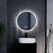 HD Lumen Black 60 cm széles fali kerek LED okostükör fekete slim kerettel, ambient világítással, érintőkapcsolóval, digitális órával és páramentesítő funkcióval