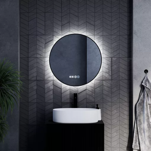 HD Lumen Black 60 cm széles fali kerek LED okostükör fekete slim kerettel, ambient világítással, érintőkapcsolóval, digitális órával és páramentesítő funkcióval