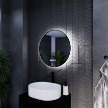 HD Lumen 60 cm széles fali kerek LED okostükör fekete slim kerettel, ambient világítással, érintőkapcsolóval, digitális órával és páramentesítő funkcióval