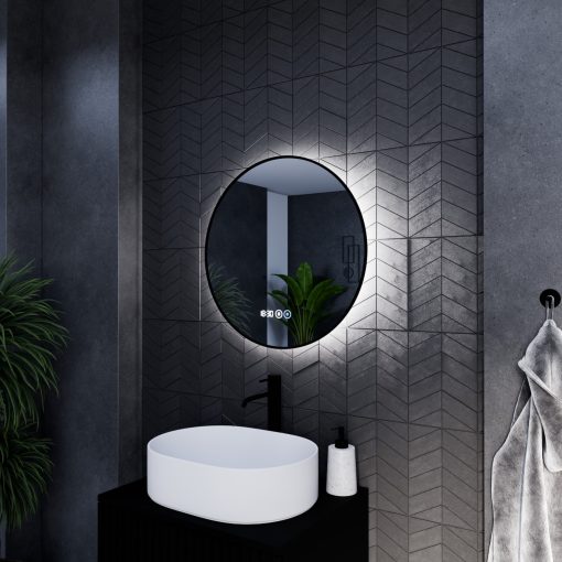 HD Lumen 60 cm széles fali kerek LED okostükör fekete slim kerettel, ambient világítással, érintőkapcsolóval, digitális órával és páramentesítő funkcióval