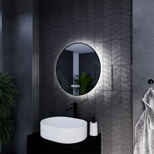 HD Lumen Black 60 cm széles fali kerek LED okostükör fekete slim kerettel, ambient világítással, érintőkapcsolóval, digitális órával és páramentesítő funkcióval