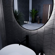 HD Lumen 60 cm széles fali kerek LED okostükör fekete slim kerettel, ambient világítással, érintőkapcsolóval, digitális órával és páramentesítő funkcióval