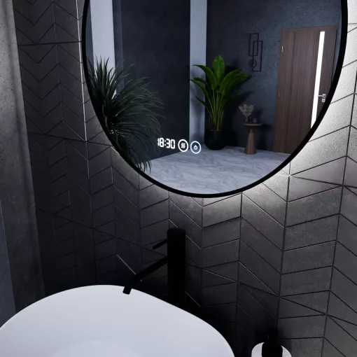 HD Lumen Black 60 cm széles fali kerek LED okostükör fekete slim kerettel, ambient világítással, érintőkapcsolóval, digitális órával és páramentesítő funkcióval