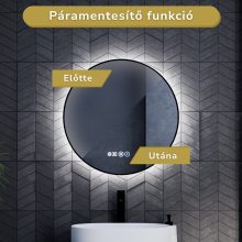 HD Lumen 60 cm széles fali kerek LED okostükör fekete slim kerettel, ambient világítással, érintőkapcsolóval, digitális órával és páramentesítő funkcióval