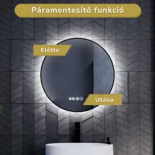 HD Lumen Black 60 cm széles fali kerek LED okostükör fekete slim kerettel, ambient világítással, érintőkapcsolóval, digitális órával és páramentesítő funkcióval