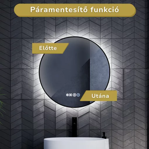 HD Lumen Black 60 cm széles fali kerek LED okostükör fekete slim kerettel, ambient világítással, érintőkapcsolóval, digitális órával és páramentesítő funkcióval