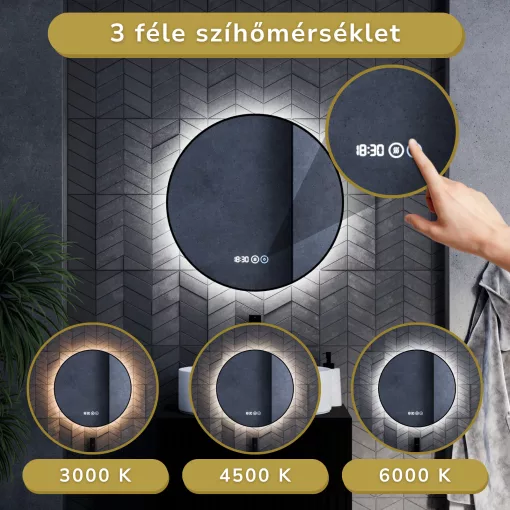 HD Lumen Black 60 cm széles fali kerek LED okostükör fekete slim kerettel, ambient világítással, érintőkapcsolóval, digitális órával és páramentesítő funkcióval