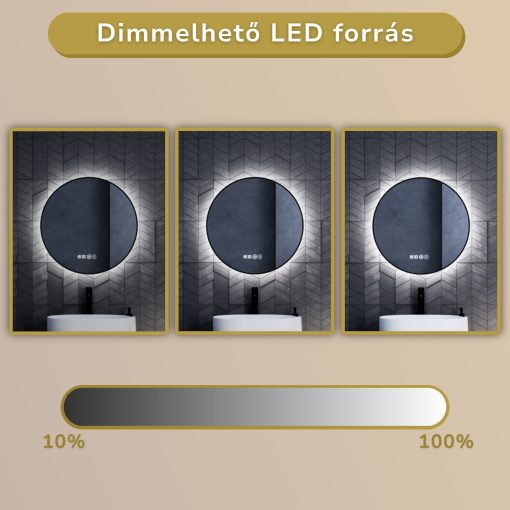 HD Lumen 60 cm széles fali kerek LED okostükör fekete slim kerettel, ambient világítással, érintőkapcsolóval, digitális órával és páramentesítő funkcióval