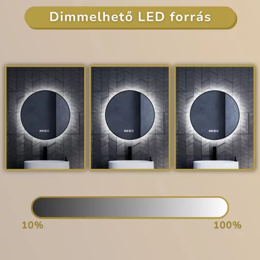 HD Lumen Black 60 cm széles fali kerek LED okostükör fekete slim kerettel, ambient világítással, érintőkapcsolóval, digitális órával és páramentesítő funkcióval