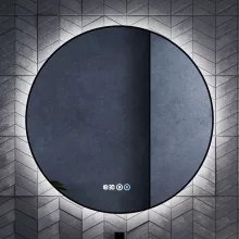 HD Lumen Black 80 cm széles fali kerek LED okostükör fekete slim kerettel, ambient világítással, érintőkapcsolóval, digitális órával és páramentesítő funkcióval