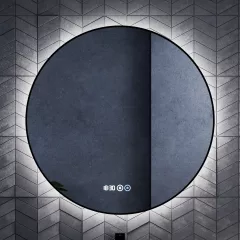   HD Lumen 80 cm széles fali kerek LED okostükör fekete slim kerettel, ambient világítással, érintőkapcsolóval, digitális órával és páramentesítő funkcióval