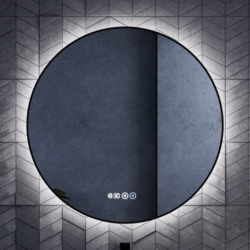 HD Lumen 80 cm széles fali kerek LED okostükör fekete slim kerettel, ambient világítással, érintőkapcsolóval, digitális órával és páramentesítő funkcióval