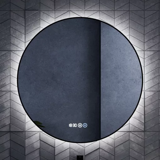 HD Lumen Black 80 cm széles fali kerek LED okostükör fekete slim kerettel, ambient világítással, érintőkapcsolóval, digitális órával és páramentesítő funkcióval
