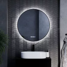 HD Lumen Black 80 cm széles fali kerek LED okostükör fekete slim kerettel, ambient világítással, érintőkapcsolóval, digitális órával és páramentesítő funkcióval