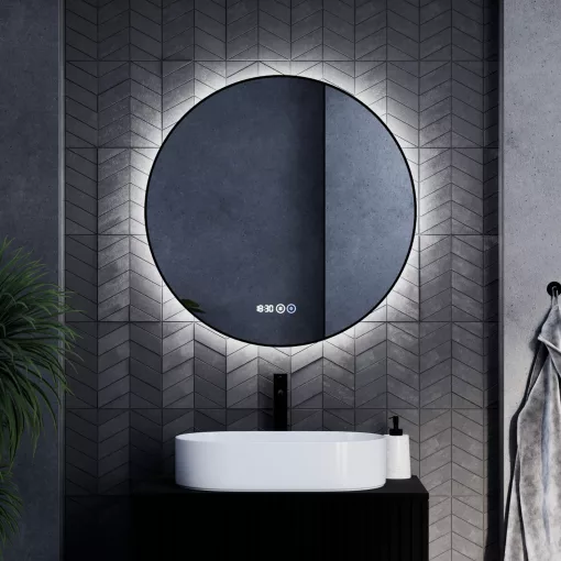 HD Lumen Black 80 cm széles fali kerek LED okostükör fekete slim kerettel, ambient világítással, érintőkapcsolóval, digitális órával és páramentesítő funkcióval
