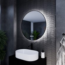 HD Lumen 80 cm széles fali kerek LED okostükör fekete slim kerettel, ambient világítással, érintőkapcsolóval, digitális órával és páramentesítő funkcióval