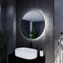 HD Lumen Black 80 cm széles fali kerek LED okostükör fekete slim kerettel, ambient világítással, érintőkapcsolóval, digitális órával és páramentesítő funkcióval