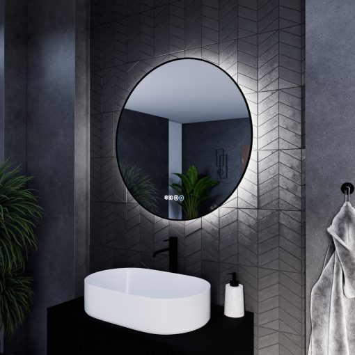 HD Lumen 80 cm széles fali kerek LED okostükör fekete slim kerettel, ambient világítással, érintőkapcsolóval, digitális órával és páramentesítő funkcióval