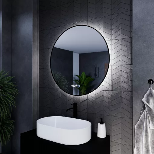 HD Lumen Black 80 cm széles fali kerek LED okostükör fekete slim kerettel, ambient világítással, érintőkapcsolóval, digitális órával és páramentesítő funkcióval