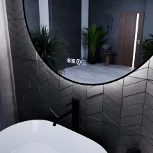 HD Lumen Black 80 cm széles fali kerek LED okostükör fekete slim kerettel, ambient világítással, érintőkapcsolóval, digitális órával és páramentesítő funkcióval