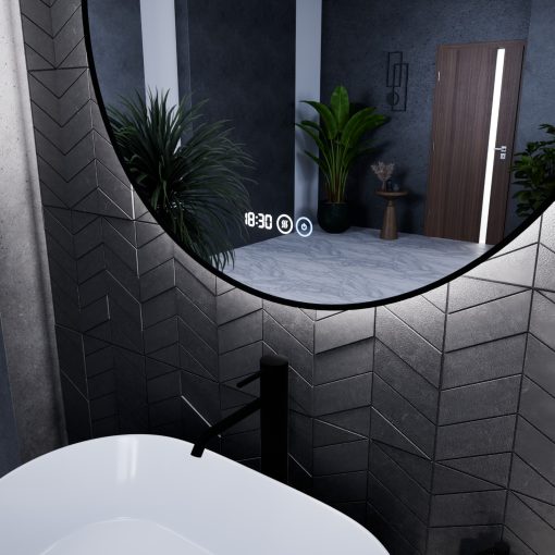 HD Lumen 80 cm széles fali kerek LED okostükör fekete slim kerettel, ambient világítással, érintőkapcsolóval, digitális órával és páramentesítő funkcióval
