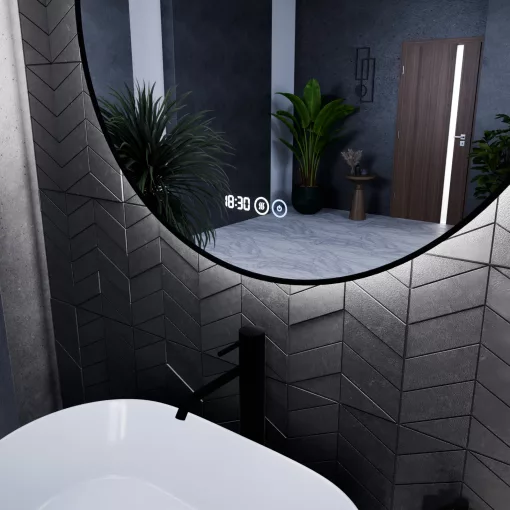 HD Lumen Black 80 cm széles fali kerek LED okostükör fekete slim kerettel, ambient világítással, érintőkapcsolóval, digitális órával és páramentesítő funkcióval