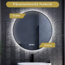 HD Lumen Black 80 cm széles fali kerek LED okostükör fekete slim kerettel, ambient világítással, érintőkapcsolóval, digitális órával és páramentesítő funkcióval