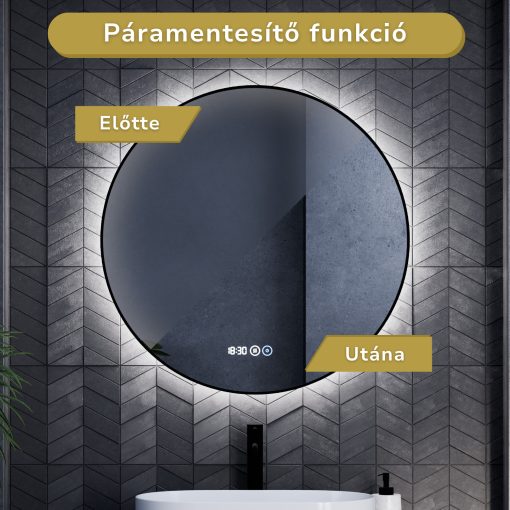 HD Lumen 80 cm széles fali kerek LED okostükör fekete slim kerettel, ambient világítással, érintőkapcsolóval, digitális órával és páramentesítő funkcióval