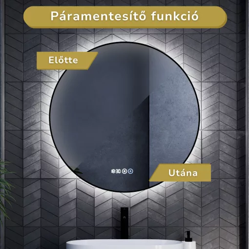 HD Lumen Black 80 cm széles fali kerek LED okostükör fekete slim kerettel, ambient világítással, érintőkapcsolóval, digitális órával és páramentesítő funkcióval