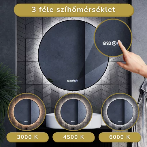 HD Lumen Black 80 cm széles fali kerek LED okostükör fekete slim kerettel, ambient világítással, érintőkapcsolóval, digitális órával és páramentesítő funkcióval