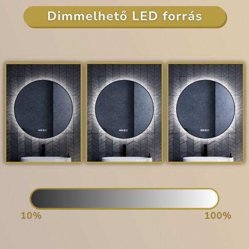 HD Lumen 80 cm széles fali kerek LED okostükör fekete slim kerettel, ambient világítással, érintőkapcsolóval, digitális órával és páramentesítő funkcióval