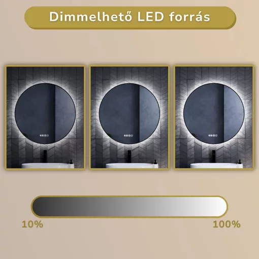 HD Lumen Black 80 cm széles fali kerek LED okostükör fekete slim kerettel, ambient világítással, érintőkapcsolóval, digitális órával és páramentesítő funkcióval