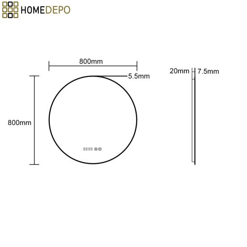 HD Lumen 80 cm széles fali kerek LED okostükör fekete slim kerettel, ambient világítással, érintőkapcsolóval, digitális órával és páramentesítő funkcióval