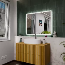 HD Versailles 100 cm széles fali szögletes LED okostükör akril kerettel, ambient világítással, mozgásérzékelővel, digitális órával és páramentesítő funkcióval