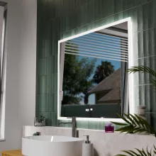 HD Versailles 100 cm széles fali szögletes LED okostükör akril kerettel, ambient világítással, mozgásérzékelővel, digitális órával és páramentesítő funkcióval