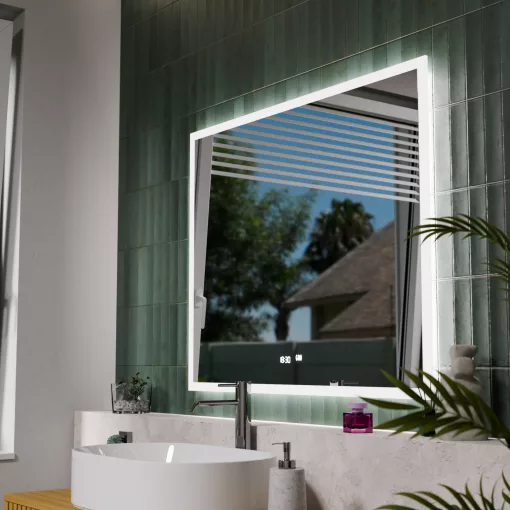 HD Versailles 100 cm széles fali szögletes LED okostükör akril kerettel, ambient világítással, mozgásérzékelővel, digitális órával és páramentesítő funkcióval