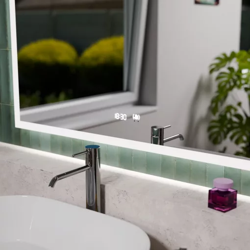 HD Versailles 100 cm széles fali szögletes LED okostükör akril kerettel, ambient világítással, mozgásérzékelővel, digitális órával és páramentesítő funkcióval